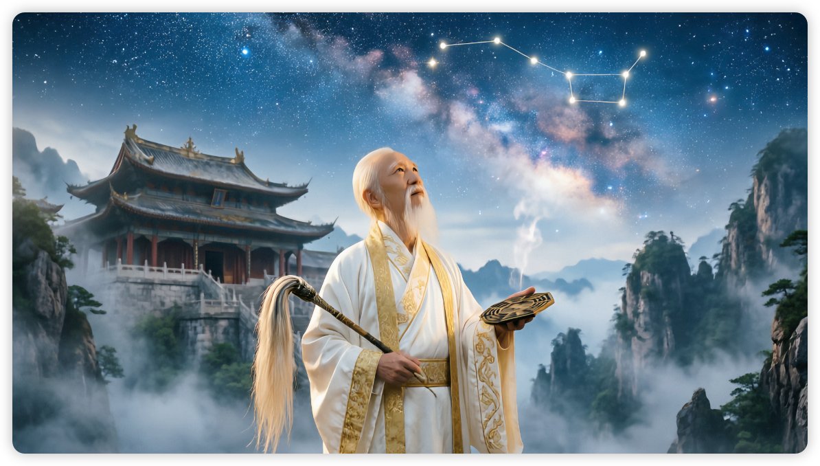 Ancient Chinese Taoist sage in white and gold robes holding a Bagua compass beneath the Big Dipper constellation above a misty mountain temple — the setting of Bazi destiny reading